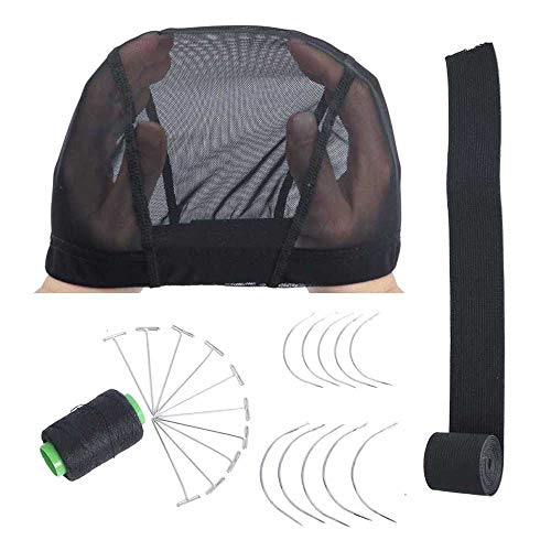 Wig Making Kit Black Mesh Dome Wig Cap Breathable Mesh Caps For Wigs Medium Stretchable Wig Caps For Making Wigs Wig Tools Wig Accessories(T Needles C Needles+Elastic Band+Thread for Wig)