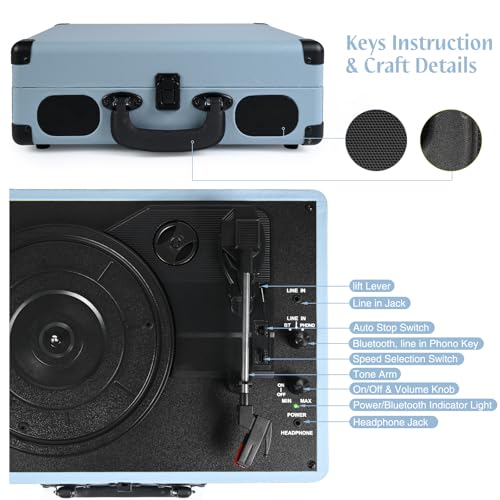 Image of Vinyl Record Player 3-Speed Bluetooth Suitcase Portable Belt-Driven Record Player with Built-in Speakers RCA Line Out AUX in Headphone Jack Vintage Turntable Haze Blue