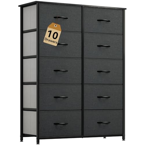 DWVO 10 Drawer Dresser - Fabric Storage Tower, Organizer Unit for Room, Living Room, Hallway, Closets - Sturdy Steel Frame, Wooden Top & Easy Pull Fabric Bins