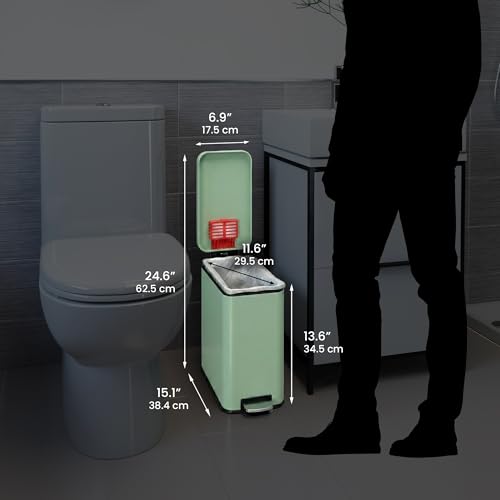 Image of iTouchless 3 Gallon Small Wastebasket for Bathroom with Lid, Deodorizer, Soft-Step Stainless Steel Slim Garbage Bin, 12 L Pastel Green Small Trash Can, Step Pedal Retro Soft-Toned Decor for Restroom