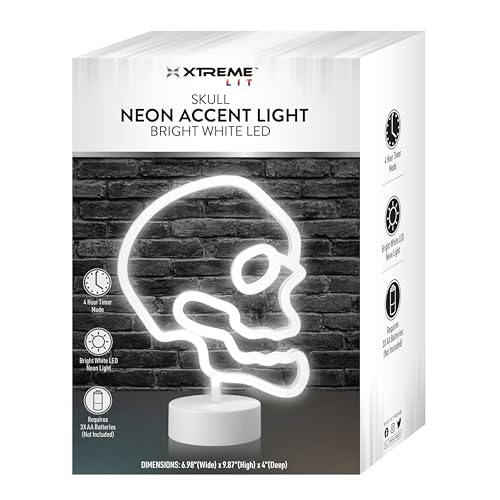 Image of Xtreme Skull Neon Sign, White LED Skull Tabletop Sign with Holder Base, Battery Powered, 4 Hour Timer, Desktop Decor for Boys, Night Light for Boys Room, Christmas or Birthday Gift for Boys