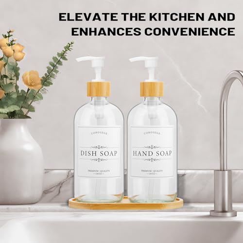 COHOSEGE 16oz Premium Clear Glass Soap Dispenser with Bamboo Tray and Pump(2 Pack,8 Waterproof Labels),Soap Dispenser Bathroom,Hand Soap and Dish Soap Dispenser for Kitchen Sink, Lotion Soap Bottle