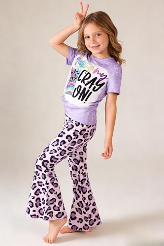 Image of Ayzozuy Kids Toddler Girl Clothes Letter Print Graphic Top + Leopard Print Flare Leg Pants 2PC Summer Clothing Set