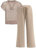 ANRABESS Womens 2 Piece Outfits Crochet Knit Half Zip Sweater Top Wide Leg Pants Summer Lounge Matching Sets Travel Clothes Almond X-Large