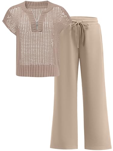 ANRABESS Womens 2 Piece Outfits Crochet Knit Half Zip Sweater
