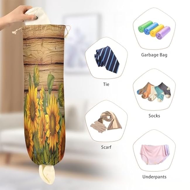 2 Pcs Wood Grain Sunflower Plastic Bag Holder Wall Mount Garbage Plastic Bag Organizer Kitchen Grocery Bag Storage Dispenser Home Decor