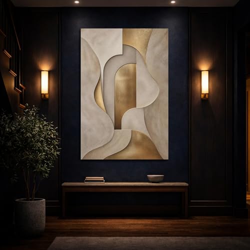 Tableau abstrait or et beige éclatant | Toile salon chic grand format vertical