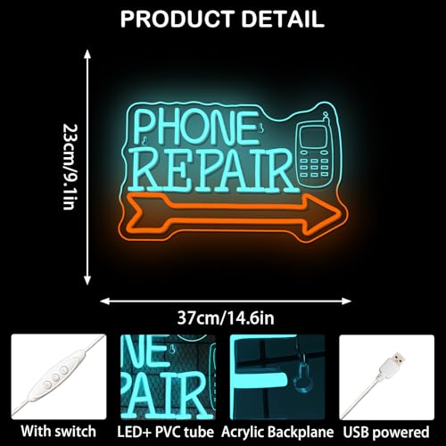 Image of Looklight Phone Repair Neon Sign Arrow Neon Lights for Wall Decor Blue Orange Led Lights for Mobile Phone Repair Shop Business Cellphone Repair Shop Decorations