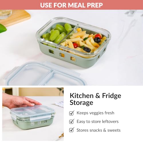 Image of Nestasia Glass Lunch Box with Silicone Sleeve (600ml) - Borosilicate Glass Lunch Box with 2 Compartments for Office | Microwave & Freezer Safe, Leak-Proof Tiffin Box with Clip Locks (Green)