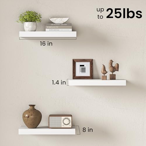 Image of Fun Memories 16Inch Floating Shelves for Wall, 8 Inch Deep Shelves for Bathroom|Bedroom|Kitchen Wall Mounted, Wood Hanging Shelf with Invisible Brackets for Home Storage Decor, White - 3 Pack