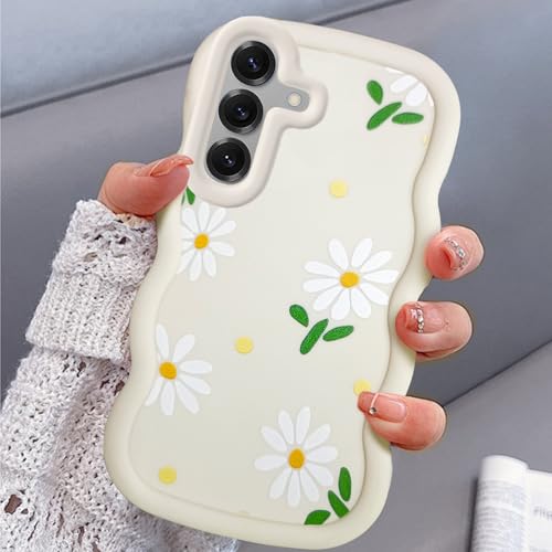 BEENTRYS Flower Case for Samsung Galaxy S24 5G Case,Curly Wave Frame Floral Design Stylish Daisy Pattern Girls Women Cute Aesthetic Soft Silicone Bumper Shockproof Phone Cover-White