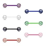 Material:Bioflex (flexibler Kunststoff), Acryl (Kugeln); Stablänge: 16 mm; Stabstärke: 1,6 mm; Verschlusskugel: 6 mm; Farben: lila, blau, klar (weiss), grün, pink, rot, schwarz; Piercing für die Zunge im 7er Set; jeweils in wunderschön leuchtenden Farben, UV-aktiv