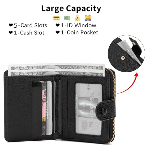 Small Purses for Women, Card Holder Ladies Wallets, Bifold Leather Card Wallet Organizer, RFID Blocking Wallet for Women with Zipper Coin Pocket with Multiple Card Slots, Black - Image 5