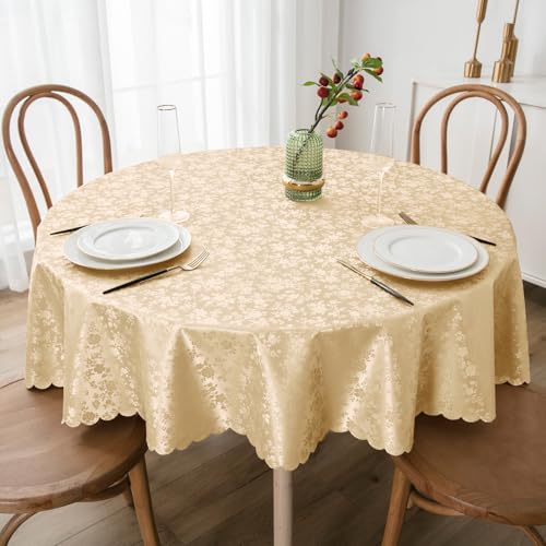 Image of Smiry Round Table Cloth, Waterproof Heavy Duty Vinyl Tablecloths, Wipeable Washable Table Cover for Kitchen and Dining Room (Champagne, 70 inch Round)