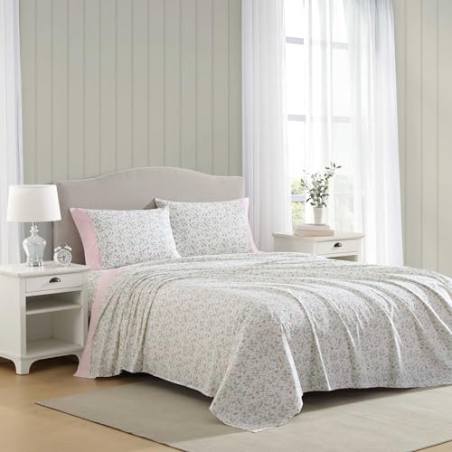 Image of Laura Ashley - Queen Size Sheet Set, Crisp & Lightweight Cotton Percale Bedding with Fitted Sheet and Pillowcases, Floral Room Decor, Deep Pocket, College Dorm Room Essentials (Bonnie Pink)
