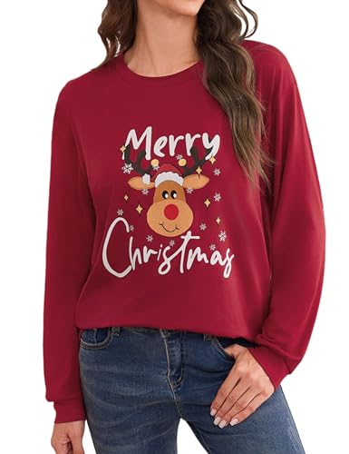 Terecey Sudadera de Navidad Mujer con Estampado de Reno Merry Christmas Camiseta de Manga Larga Casual y Cálida Ropa Invierno Mujer Regalo Original para Fiestas