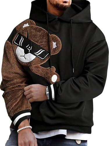 GORGLITTER Men's Bear Pattern Drawstring Pullover Hoodie Causal Long Sleeve Hooded Sweatshirts