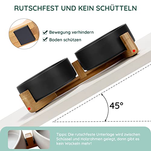 SPUNKYJUNKY Hundenapf Keramik Doppel Hund Futternapf mit Bambus Ständer für Katzen und Hunde (400ml, Schwarz)
