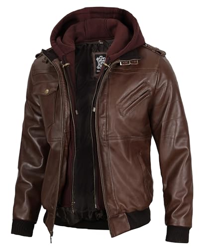 Image of fjackets Men Hooded Leather Jacket - Real Lambskin Men's Bomber Leather Jackets with Detachable Hood Stylish Casual Outerwear