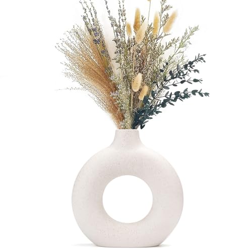 CEMABT Vase Für Pampasgras Blumen,Weiß Keramik Donut Vase, vase weiß,Runde Form Modern Getrocknete Blumenvasen Für Wohnzimmer Büro Dekoration,vase beige