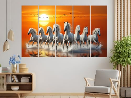 Image of Kyara arts 7 Running Horses Wall Painting for Living Room | Vastu Feng Shui Wall Art | Premium Multi Panel Horse Painting for Home, Office & Hall | Symbol of Success, Prosperity & Positive Energy (50inchx30inch)