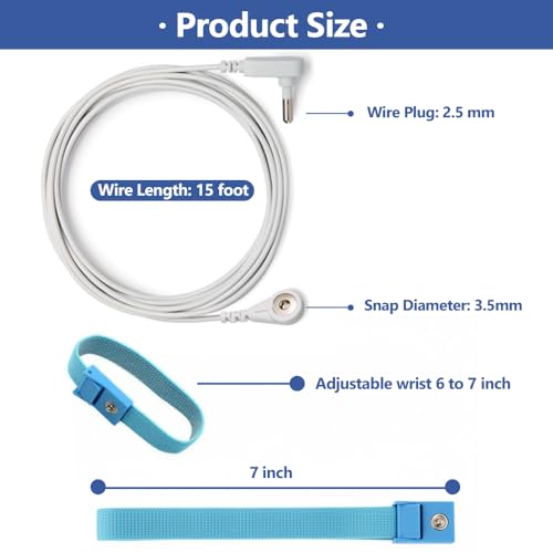 Image of Grounding Wristband & Cable - ESD Wrist Strap Kits Compatible with TENS EMS Units, Wrist Circumference 7 inch, 15 Feet Length Cable (White)
