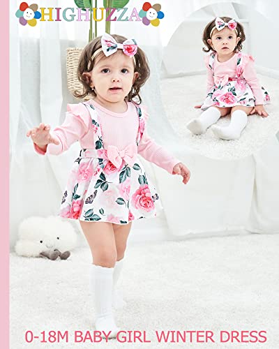 Highuzza Baby Girl Clothes Newborn Dress Infant Romper Outfits Jumpsuit Clothing Suspender Headband Overall Skirt Set Winter Fall 0-3 Month Pink #TOP1