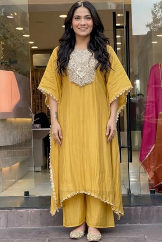 Image of GoSriKi Fendy Glass Embroidered A-Line Kurta with Palazzo for Women | Fendy Glass Grey | Kaftan Sleeve | Round Neck | Ethnic Wear Casual Wear