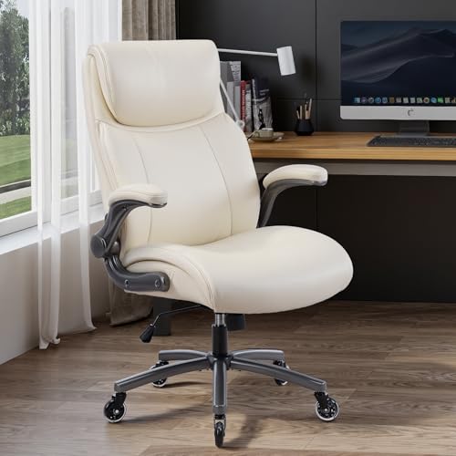 MALOL Ergonomic High-Back Executive Office Chairs, Heavy Duty Home Computer Chair with Lumbar Support, Flip-Up Arms, and PU Leather Upholstery, Beige