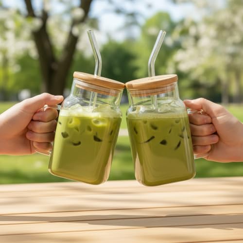 Image of ginoya brothers 600ml Mason Jar with Natural Bamboo Lid, Reusable Glass Straw & Handle | Leak-Proof Silicone Seal Glass Cup for Hot & Cold Beverages (PACK OF 2)