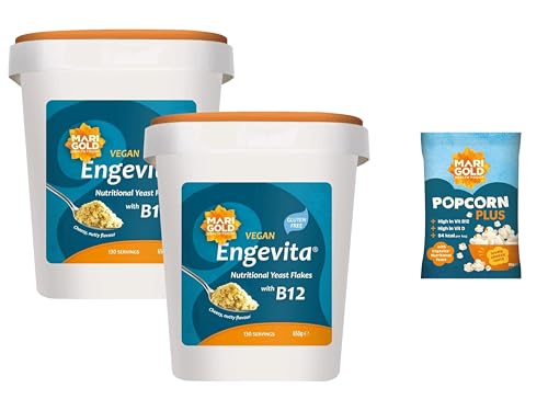 Marigold Engevita Nutritional Yeast Flakes 650g with Vitamin B12 (Pack of 2) + Free Popcorn - High in B-Complex, Zinc & Fibre, Vegan & Gluten-Free, Cheese-Style Seasoning