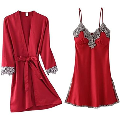 Eermoss Women 2Pcs Robe Set Sexy Satin Kimono Bathrobe Gown Nighty&Robe Suit Lace Nightgown Cover