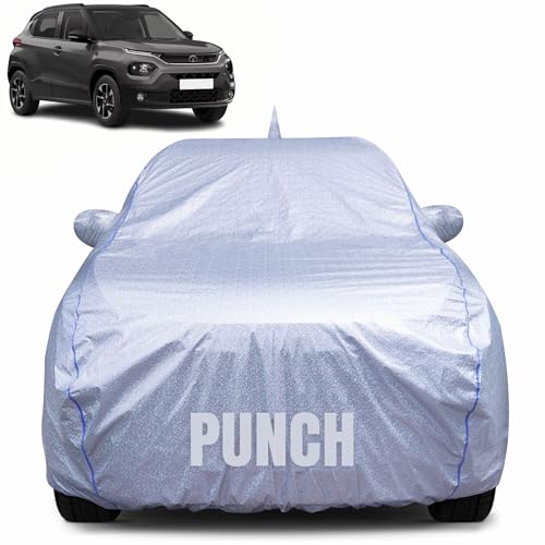 Image of 100% Waterproof Car Body Cover for Tata Punch (2021-2025) with Mirror Pocket, Heat & UV Resistant, Triple Stitched, Soft Lining, Bottom Elastic & Piping (Silver Reflective)