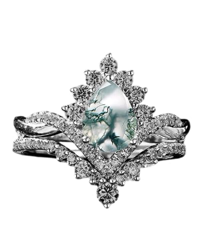 Black Moss Agate Wedding Ring Set for Women 925 Sterling Silver Moss Agate Bridal Jewelry Set for Wedding Black Engagement Ring for Her with Engraving Promise Ring for Women Wife Bridal Size 4-15