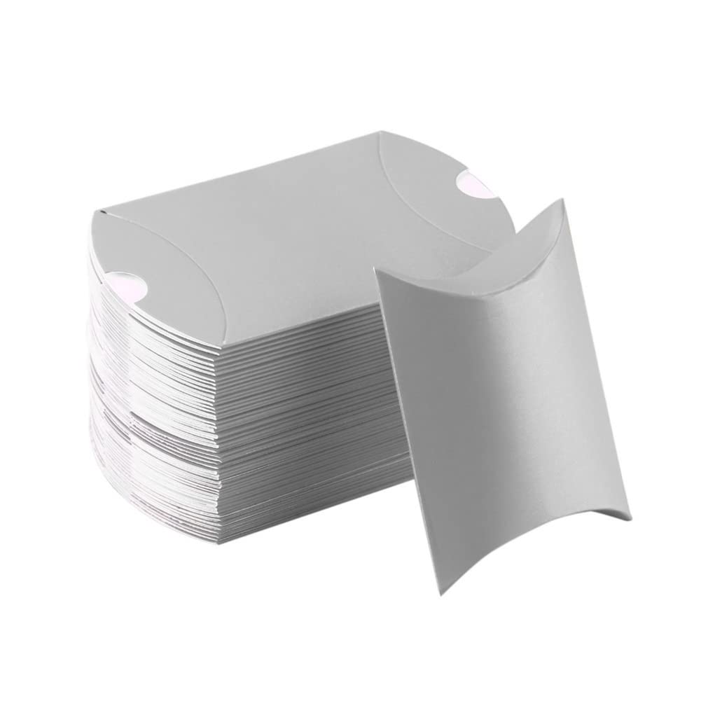 100 Pcs Kraft Paper Pillow Boxes Mini Favor Gift Packaging for Wedding Birthday Party - Small Present Card Holders Silver