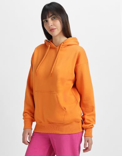 Image of JUNEBERRY Cotton Fleece Regular Fit Hooded Sweatshirt Lastest Back Graphic Printed Winter Hoodies for Women (Available in Colors: Black, SOYA Bean, Orange, Marshmellow, White & Lilac)