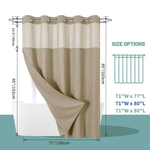 eachope No Hook Waffle Shower Curtain with Snap-in Liner, 71x80 Inch, Khaki by eachope - Used condition - Image 2