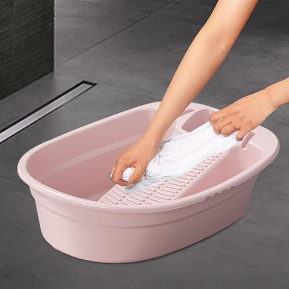 Image of VAJIN Plastic Washtub with Built-In Washboard - Portable Laundry Tub for Hand Washing Clothes, Vintage-Style Basin for T‑Shirts & Pants, Home & Garden Utility, Compact & Durable Design