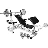 GORILLA SPORTS® Kraftstation - Multifunktion Hantelbank mit 108 kg Hantelset, Ablage, Dip Station, Butterfly, Curlpult, Beincurler, Seilzug, Gusseisen/Chrom/Gummi Hantelscheiben - Fitnessstation