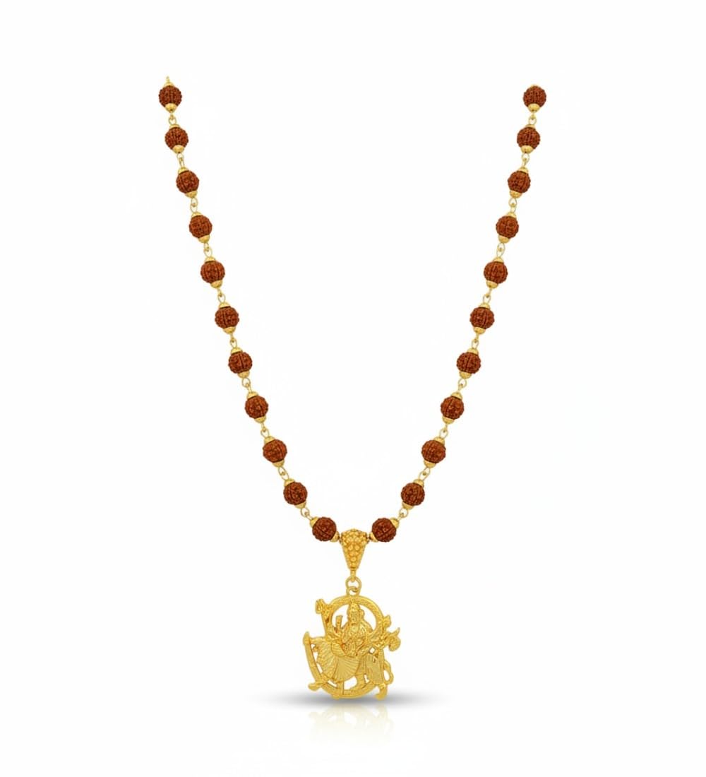 ruby collection Religious Maa Durga Locket With Gold Plated Cap Rudraksha Mala Gold And Brown Brass And Wood Religious Jewellery Pendant Necklace Chain For Men And Women-picture-38