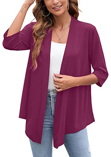 Heymoments Cardigan for Women Purple Red XX-Large Draped Open-Front 3/4 Sleeve Lightweight Casual Soft Drape Summer Fall Kimonos Cardigans