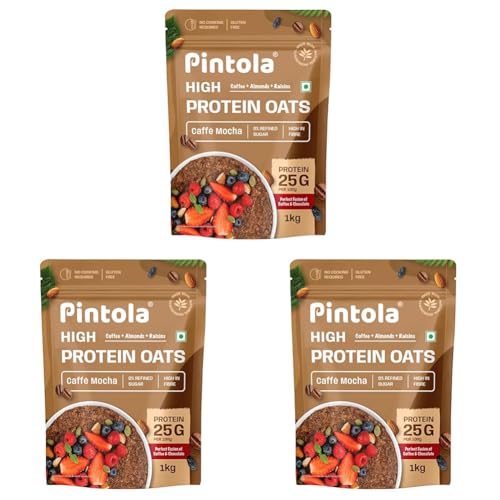 Image of PINTOLA 25g High Protein Oats 1kg, Caffe Mocha, No Refined Sugar, with Almonds & Raisins, High Fibre, Rolled Oats, Breakfast Cereals, Gluten Free (Pack of 3)
