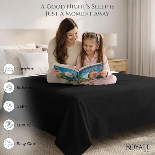 Image of Royale Linen 400 Thread Count 100% Cotton Flat Sheets Only - Cooling Sheets - Full Flat Sheets Only Sold Separately - Luxury Sateen Weave - Breathable & Super Soft Top Sheet Only (Full, Night Black)