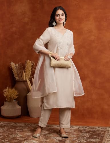 Image of Amazon Brand - Myx Women's Embroidered Kurta Pant Set with Dupatta (Available in Plus Sizes)