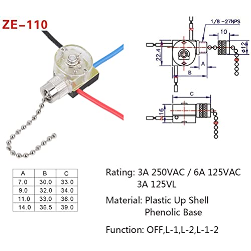Zing Ear Interruptor de ventilador techo ZE-110 de 3 vías con cables recambio cadena Hunter 2