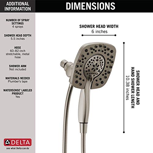 Delta 4-Setting In2ition 2-in-1 Dual Shower Head with HandHeld Spray, Brushed Nickel Detachable Shower Head with Hose, Showerhead, 1.75 GPM Flow Rate, Stainless 58498-SS by DELTA - Image 4