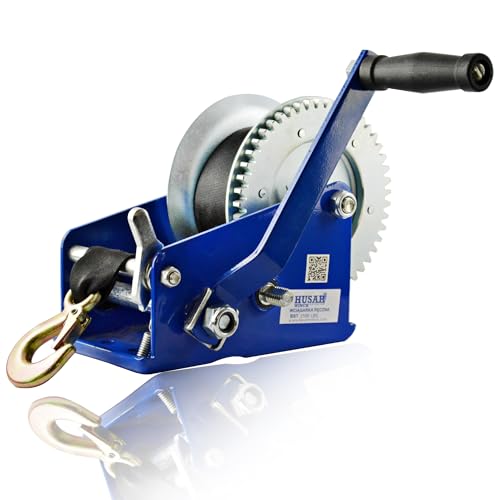 Husar Winch Treuil Manuel 2500 lbs 1133 kg avec Sangle 10 mètres, fabriqué en acier inoxydable, frein à cliquet, simple effet, pour bateaux, remorques, industrie
