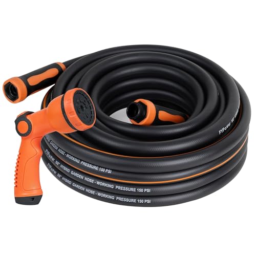FYPower Hybrid Garden Hose 50ft x 5/8" & 10-Pattern Adjustable Nozzle, Heavy Duty, Flexible, Lightweight, Kink Resistant Water Hose with Swivel Grip Handle