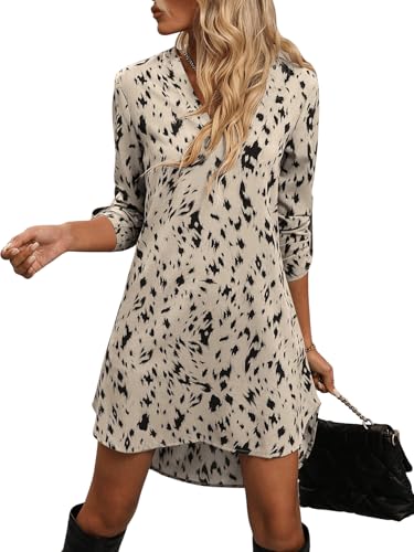 SweatyRocks Blusenkleid Damen Langarm Tunikakleid Midi Leo Kleid Hemdblusenkleid Elegant Herbstkleid Winterkleid Business Outfit Aprikosenfarben S