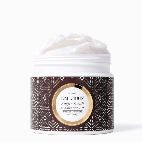 LALICIOUS Sugar Coconut Exfoliating & Moisturizing Body Scrub | Sugar & Coconut Oil | Pre-Shave Scrub for Ingrown Hairs & Razor Bumps | Gently Buffs & Smooths Sensitive Skin | No Parabens | Large 16oz